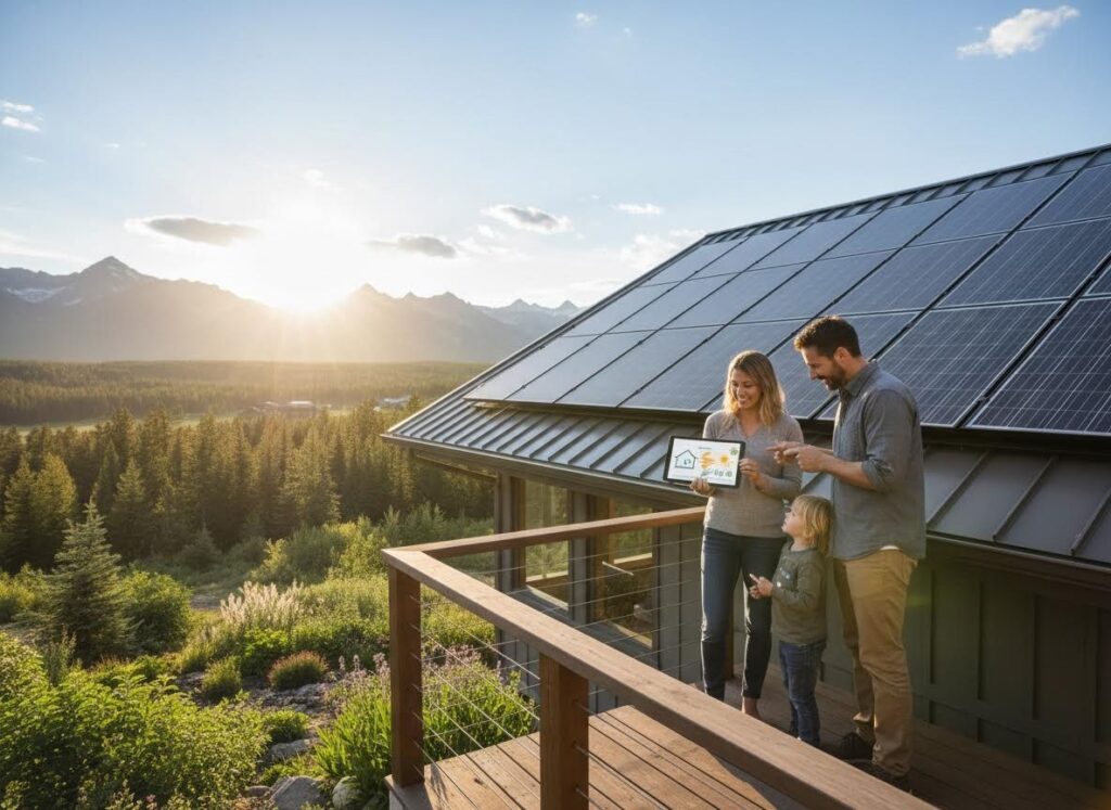 A family on a balcony looks at a tablet displaying an energy app. Their house has solar panels and overlooks a mountain forest at sunset.