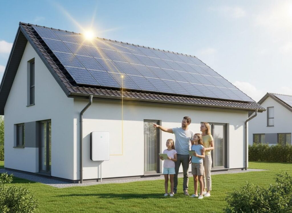 A family of four stands in front of their modern white house with rooftop solar panels and an energy storage battery, showcasing home renewable energy.