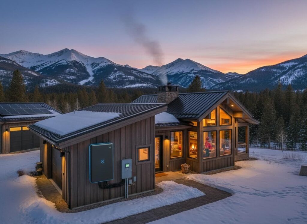 A modern-rustic mountain home with solar panels and a visible battery storage system in a snowy landscape at dusk.