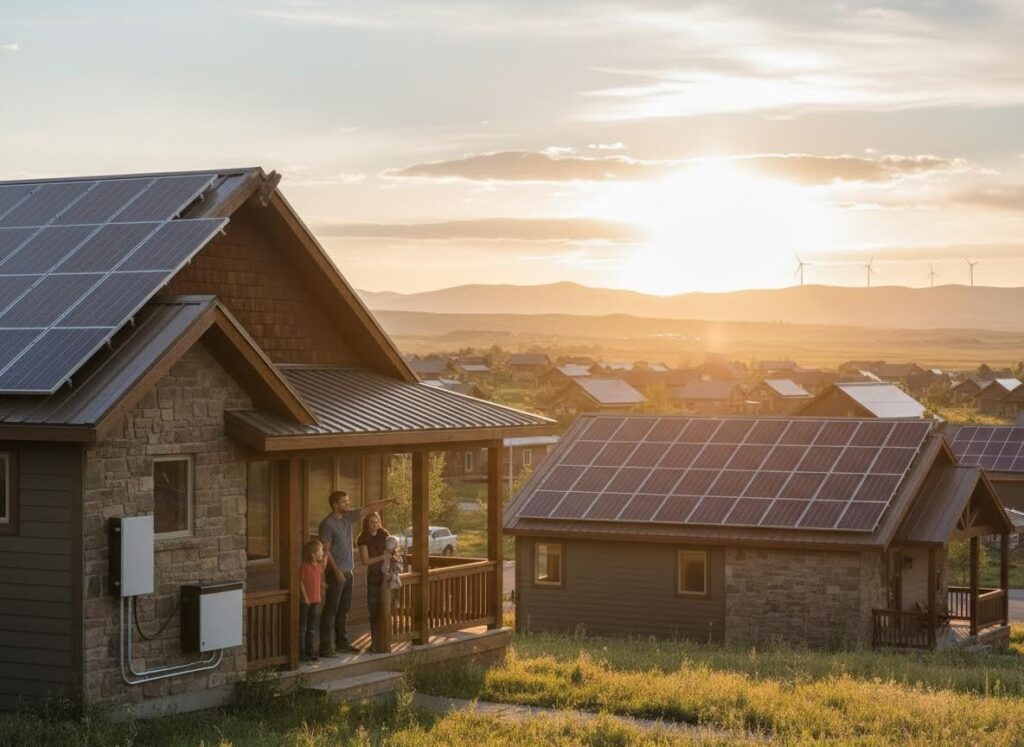 A family enjoys the sunset from their porch. Their home has solar panels and battery storage, with wind turbines visible in the distance.