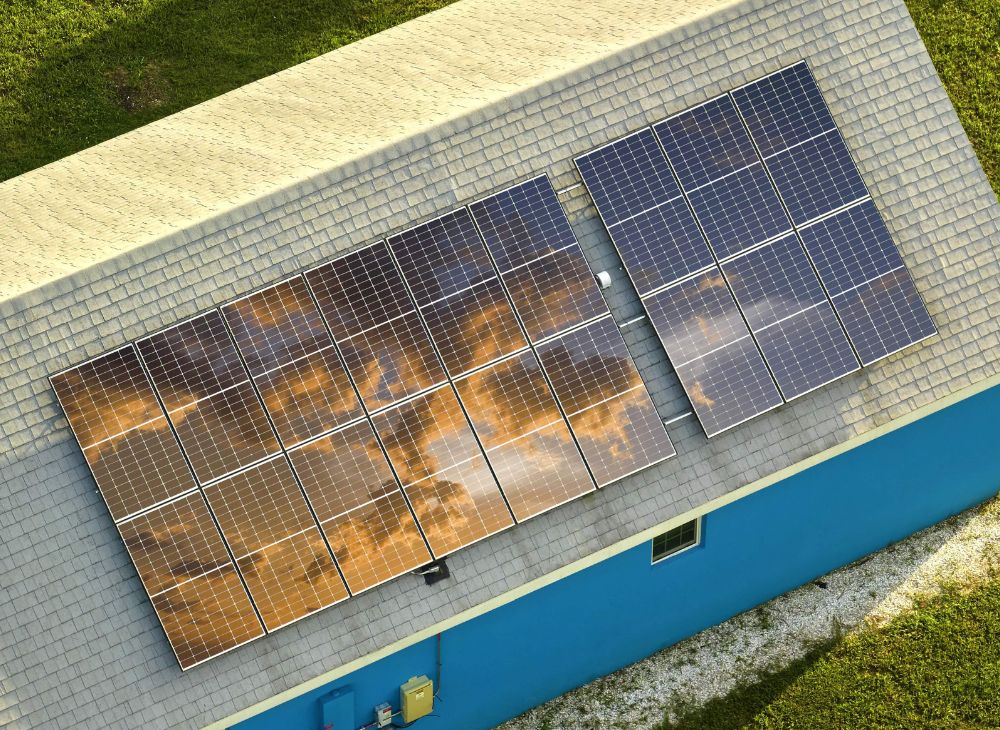 reflection off solar panels on a residential roof
