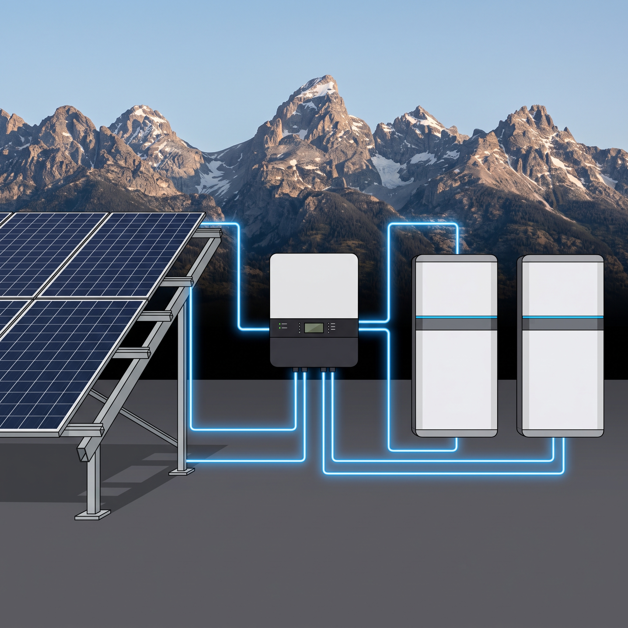 Technical schematic illustrating the simultaneous integration of rooftop solar panels with a home battery backup system, co-managed by a smart gateway.
