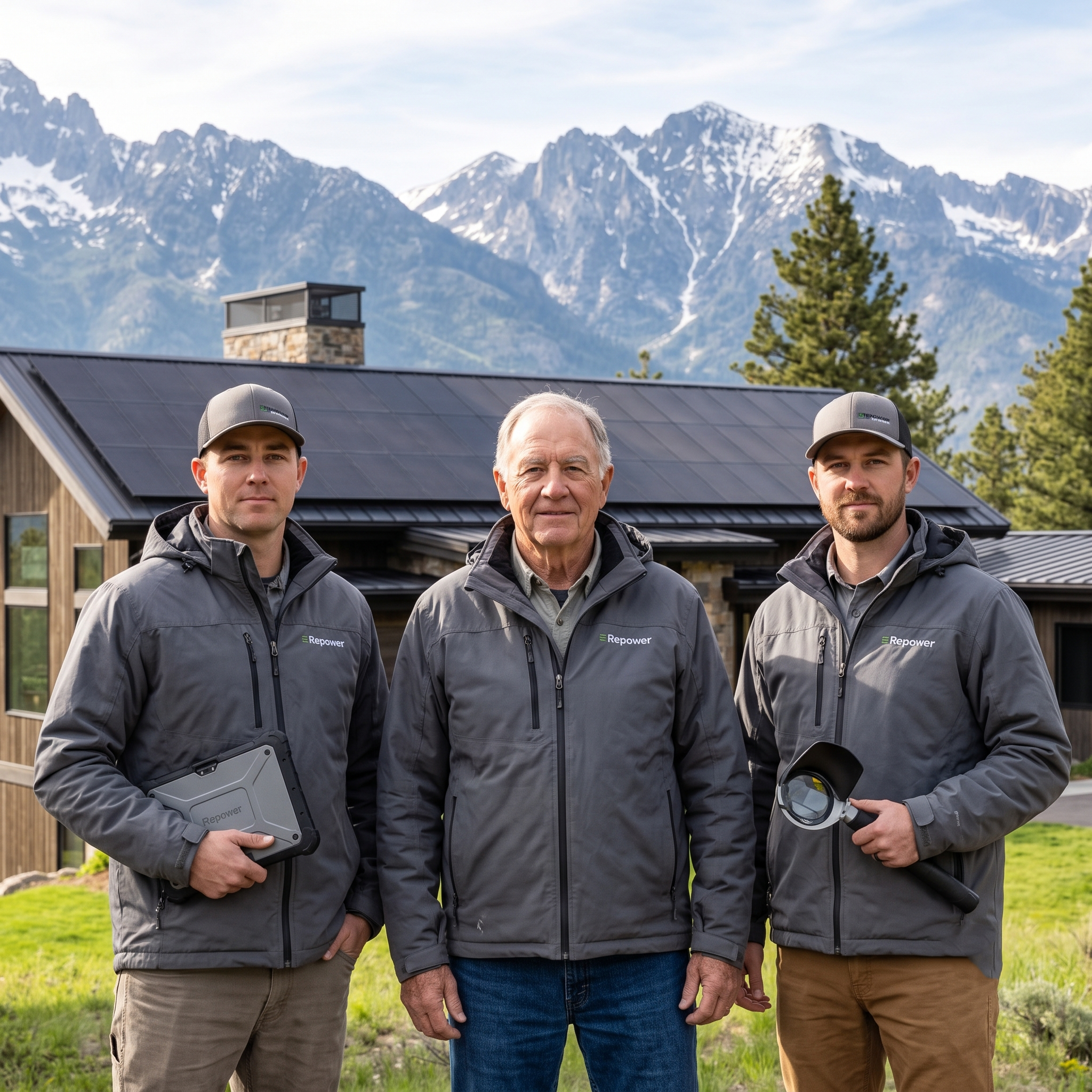 Portrait of three dedicated Repower local solar installation experts standing in front of a completed residential project in rural Montana