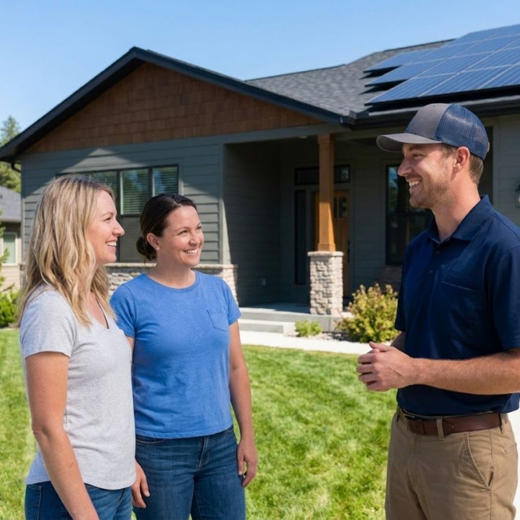 Repower solar expert consulting a happy homeowner.