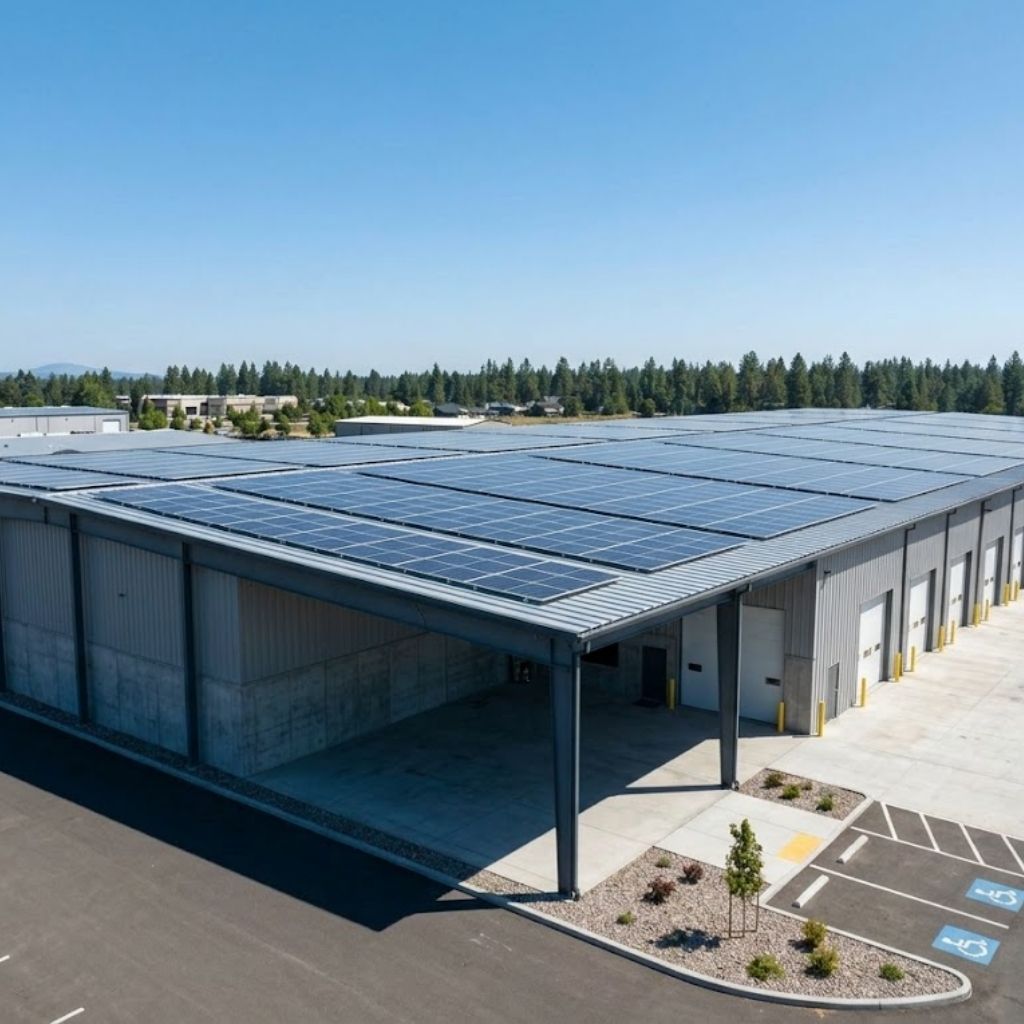 Commercial flat roof with large solar panel system.