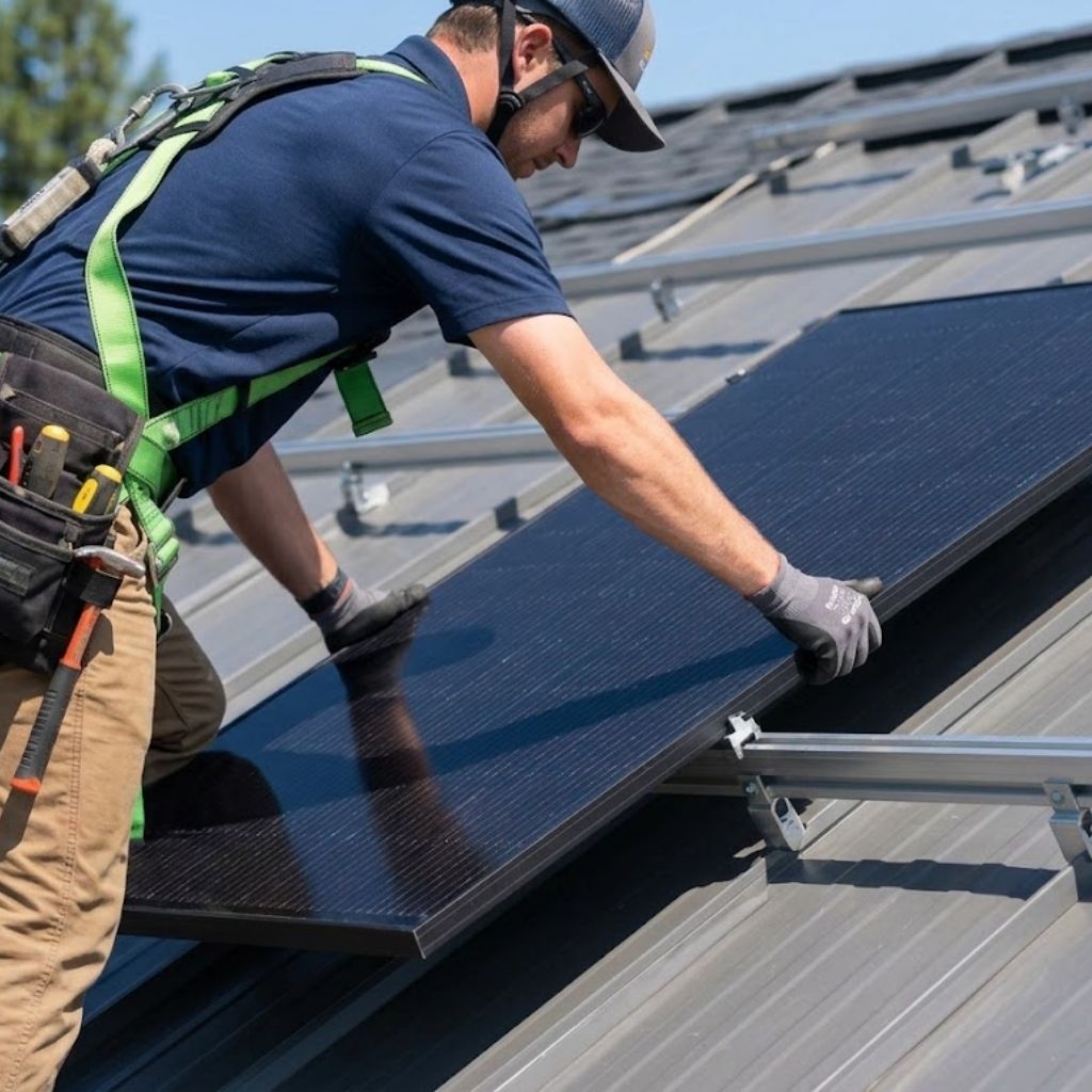 Professional technician installing solar panels on roof.